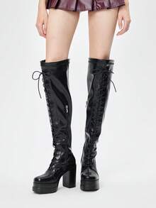 ROMWE Goth Women's Fashion Lace-Up Waterproof Platform Thick High Heel Over-The-Knee Boots Valentine's Day - Black - View 3