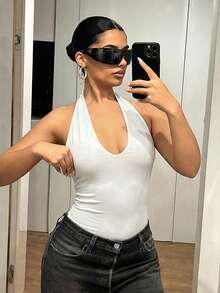 SHEIN ICON Body metálico de cuello en V profundo estilo Y2K, negro sólido - Blanco - Ver 5