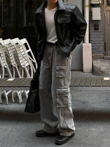 DAZY Chaqueta corta de piel sintética negra sólida para hombre, primavera/otoño - Negro - Ver 4