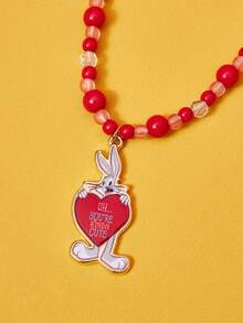 LOONEY TUNES X SHEIN 1pc Zinc Alloy Cartoon Pattern Pendant Necklace With Beaded Heart Charm, Fashionable & Cute, Suitable For Party, Concert, Festival - Gold - View 3