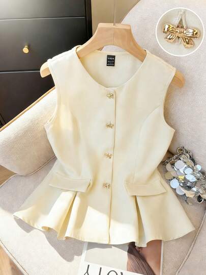 Franclia 女士时尚通勤圆领马甲，带蝴蝶结装饰假口袋，A字腰身西装外套