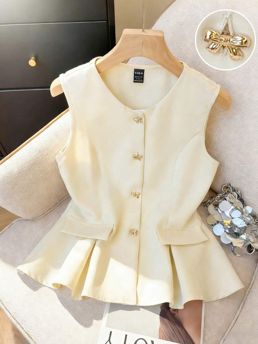 Franclia Women's  Plain Fashion Commuter Round Neck Vest With Bow Decor Fake Pocket A-Line Waist Blazer Peplum Top Pastel Yellow Top Butter Yellow Clothes Sleeveless Top