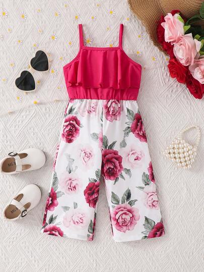 SHEIN Baby Girl Floral Print Sleeveless Jumpsuit, Summer