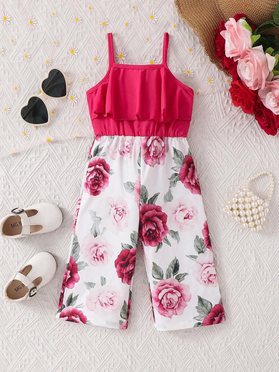 SHEIN Baby Girl Floral Print Sleeveless Jumpsuit, Summer - Hot Pink - View 1