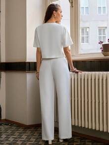 Cloudara Ensembles deux pièces pour femmes, hauts avec détails de boutons et pantalons de couleur unie