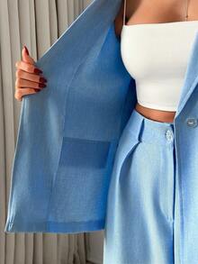 EURMUSE Ensemble deux pièces pour femmes en lin, veste blazer et pantalon - Bleu ciel - Voir 6