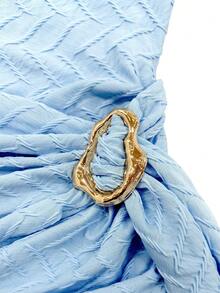 Elenzga New Knitted Wavy Texture Jacquard Sexy Fashion Off Shoulder Fitted Ruched Asymmetric Hem Tie Waist Metal Buckle Mini Dress, Elegant & Versatile For Dates & Daily Wear - Baby Blue - View 7