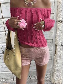 DAZY 紫红色修身露肩上衣，休闲音乐节及假日纹理褶皱条纹短款长袖T恤，女士春夏Y2K风格 - 玫紅色 - 查看 1