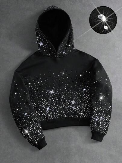 PAVTROS Men's Rhinestone Embellished Hoodie, Casual & Versatile For Commuting And Everyday Wear, Long Sleeve