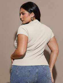 SHEIN BAE Plus Size Women's Solid Color Stand Collar Single-Breasted Casual Commuter Short Sleeve T-Shirt Plus Size Solid Color Ribbed Knit T Shirt - Apricot - View 2