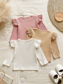 Vintaside Kids Conjunto de varias piezas con cuello redondo y manga larga para recién nacidos en primavera y otoño, con dobladillo con volantes, parte superior simple y casual adecuada para el hogar, el ocio, las salidas de compras y el uso diario - Multicolor - Ver 2