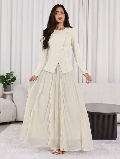 Veilorie 女士纯色单排扣长袖外套搭配荷叶边中长裙优雅套装