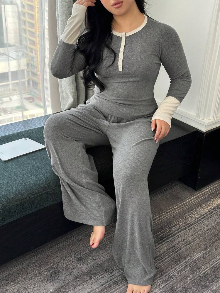 Dazy Plus Plus Size Women Contrast Color Splice Tight Half-Open Collar Top And Loose Long Pants Pajama Set, Spring/Autumn
