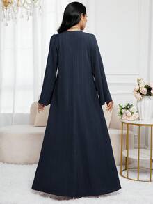Al Najma 女士纯色简约长袖阿拉伯风格连衣裙，休闲日常穿着 - 藏蓝色 - 查看 2