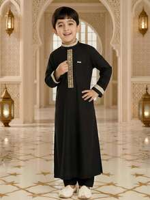 Tween Boy Phnom Penh Splicing Casual Black Robe Shirt, Can Pair With Pants Thobe For Boys Kids Thobes Kids Muslim Clothes Kids Black Abaya Kurta For Boys Boys Thobe Kids Black Thobe Kameez For Boys Black Kurta For Boys Kids Abaya Black Thobe Kids - Black - View 2