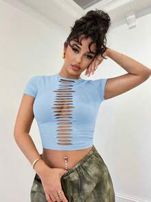 SHEIN BAE 纯色做旧镂空复古风紧身背心，适合音乐节、演唱会、休闲穿着。 - 淺藍色 - 查看 6