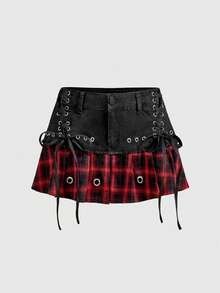 ROMWE Grunge Punk 女士复古休闲格子拼接金属系带低腰修身牛仔迷你裙 - 黑色 - 查看 1