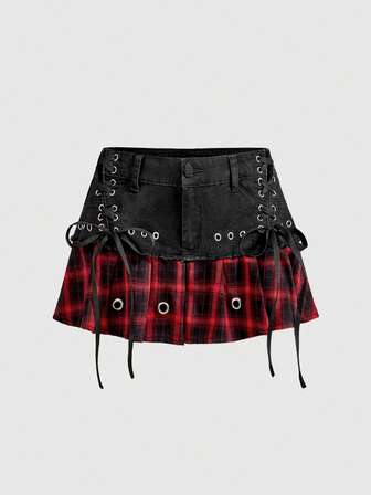 Grunge Punk Jupe en jean mini ajustée à taille basse avec patchwork à carreaux rétro décontracté, lacets en métal