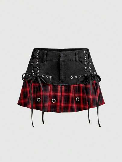 ROMWE Grunge Punk Women's Retro Casual Plaid Patchwork Metal Lace-Up Low Waist Fitted Denim Mini Skirt