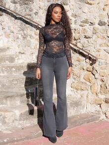 Yess Loren 休闲曲线高腰喇叭腿牛仔裤 - 深灰色 - 查看 5