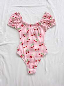 Soleia Body à volants avec imprimé cerises et carreaux, à nouer devant pour femmes en vacances - Multicolore - Voir 2