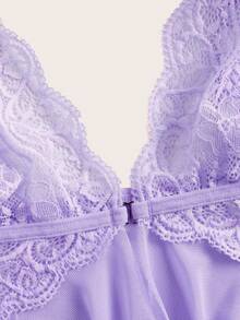 ROMWE Kawaii 大码可爱性感蕾丝网纱娃娃裙及丁字裤套装 - 紫丁香色 - 查看 4