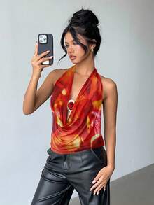 Áo hai dây Aloruh mới, gợi cảm, xuyên thấu, màu cam nhuộm tie-dye, họa tiết nổi bật, cổ khoét sâu, dây buộc, trang trí kim loại, hở lưng, thích hợp cho kỳ nghỉ, du thuyền, tiệc tùng, hẹn hò, ngày Valentine, trang phục đi biển cho nữ, đồ mặc mùa hè, áo mùa hè, quần áo đi biển cho nữ. - trái cam - Xem 8