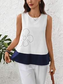 EMERY ROSE 女士印花撞色圆领休闲宽松背心 - 白色 - 查看 8