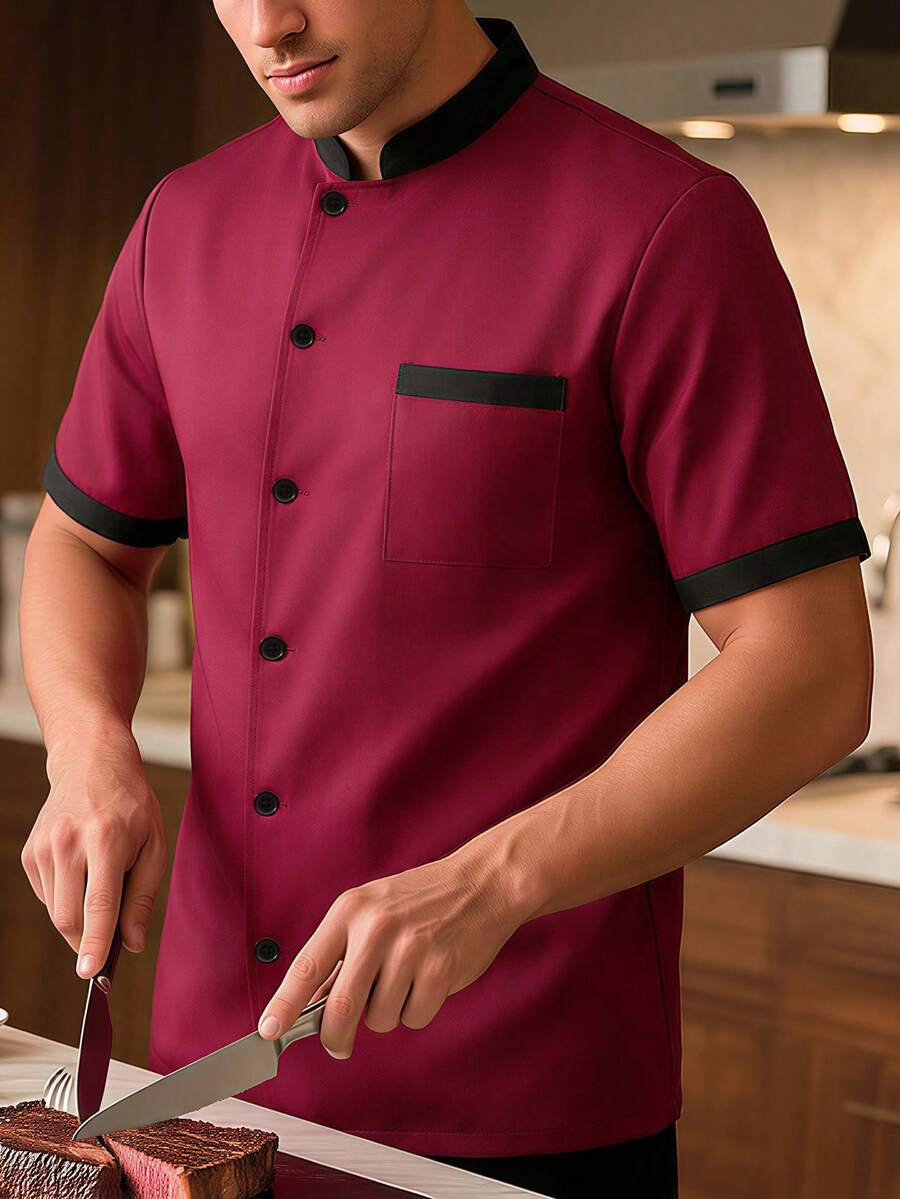 Manfinity Homme 男士撞色纽扣短袖口袋厨师衬衫，红色立领男士衬衫，酒红色男士上衣，男女通用工作服，烘焙制服，系带酒店厨师厨房制服 - 紅色 - 查看 1