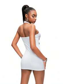 TypaGal Đầm ngắn cổ yếm in họa tiết hip-hop thời trang nữ - trắng - Xem 2