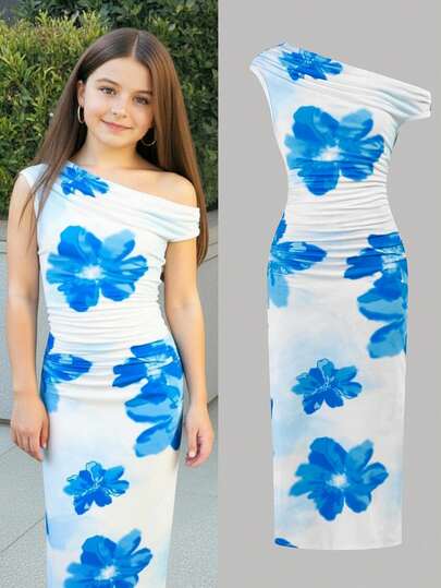 Firerie Kids Firerie Kids Tween Girl Blå blommig asymmetrisk rynkad maxiklänning, lämplig för sommaren, ny stil, semesteroutfit, elegant rynkad midja, bodycon lång stickad klänning för alla hjärtans dag-fest, tillbaka till skolan, sammankomster, blå maxiklänning