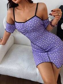 Dream Adore Women's Purple Base White Heart Print Cute Nightgown - Purple - View 7
