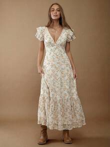 WESTFADE Đầm maxi xếp tầng tay bồng bằng chiffon in hoa, cổ chữ V, mùa thu đông, trang phục dự hòa nhạc đồng quê Nashville, phong cách thường ngày, dễ thương, boho, miền Tây dành cho nữ. - Nhiều màu - Xem 3