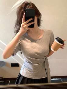 DAZY Áo thun dài tay màu trơn thắt nơ phía trước dành cho nữ, thích hợp cho mùa hè và mùa xuân. - Xám - Xem 3