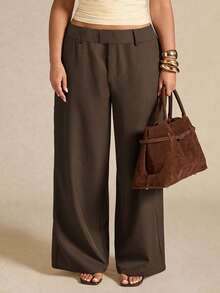 SHEIN BAE 大码女士优雅不对称办公裤，秋冬季，女士冬季裤装，女士秋冬连体裤，女士圣诞节裤装，圣诞派对裤装，新年装扮，女士感恩节装扮，优雅派对裤装，女士正装裤装，婚礼裤装，秋季大码，大码女裤，女士夏季裤装，女士生日装 - 棕色 - 查看 3