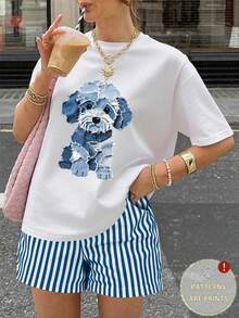 EMERY ROSE 2pcs Women's Dog Print Round Neck Short Sleeve Top And Striped Shorts Set - White - View 3