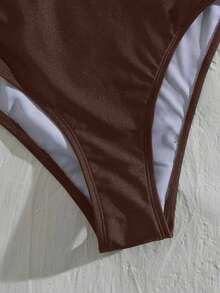 Swim Chiccia 1pc Women's Minimalist Solid Color Hollow Out Single Strap Elegant Pearl Metal Decor One-Piece Swimsuit, Suitable For Beach & Resort, Spring/Summer - Brown - View 8