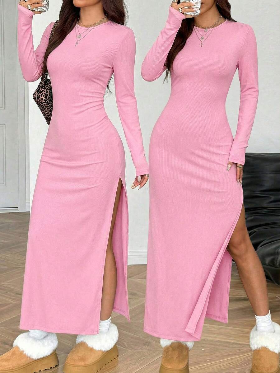 SHEIN Teen Girls' Pink Knit Slit Dress, Fashionable & Versatile For Everyday Wear - Pink - View 1