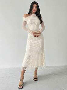 SHEIN X Scot Louie Firerie Váy ôm sát tay dài thêu lưới dành cho nữ, thanh lịch, tinh tế, lãng mạn, trang trọng, vai lệch, phù hợp cho các buổi hẹn hò, dạ hội, tiệc tùng, ngày lễ năm mới, thời trang - Màu be - Xem 6