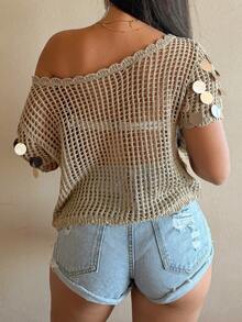 Sunnyshic Women's Khaki Sweater, Sexy Sheer Hollow-Out Crop Top, Suitable For Beach In Summer - Khaki - View 2