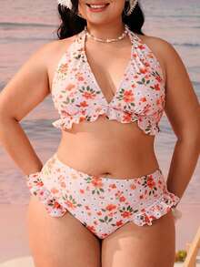 Swim Mod 女士夏季沙滩印花露背系带性感比基尼泳衣套装 - 白色 - 查看 3