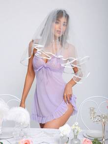 2pcs Sexy Mesh & Lace A-Line Lightweight Nightgown (Wireless, Thong)
