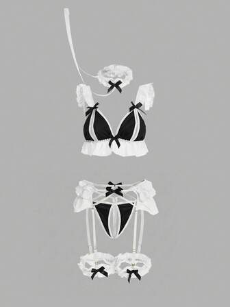 Kawaii 6 pièces Ensemble de lingerie sexy avec volants ajourés de couleurs contrastées