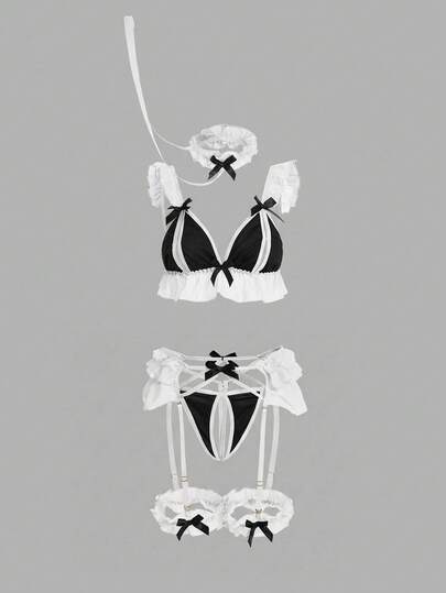 Kawaii 6 pièces Ensemble de lingerie sexy avec volants ajourés de couleurs contrastées