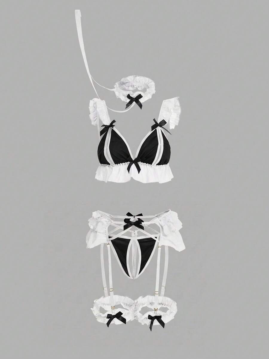 ROMWE Kawaii Bộ đồ lót gợi cảm 6 món phối màu tương phản dễ thương, khoét rỗng, viền ren. - trắng - Xem 1