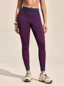 Exploreva Leggings de course polyvalents et confortables pour femmes, avec patchwork de couleurs, pour un usage quotidien et extérieur - Prune - Voir 5