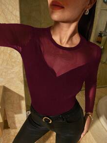 Lavishia 女士纯色网纱拼接透视连体衣 - 紫紅色 - 查看 3
