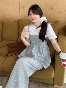 DAZY Women's Tie-Up Striped Camisole Top And Relaxed Fit Palazzo Pants 2 Pieces Set - Light Grey - View 6