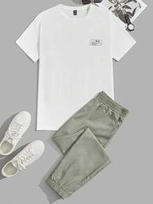 SWAVVY Men Casual Color Block Palm Tree & Slogan Graphic Patched Short Sleeve Tee And Pants Set Summer Outfit, Cozy Outfits, Couple Things - White - View 6
