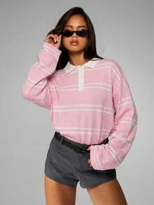 MISSGUIDED 条纹橄榄球针织毛衣，翻领半扣设计，秋冬套头衫 - 粉色 - 查看 4